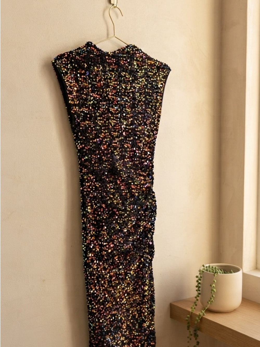 Anthropologie The Maya Ruched Cowl-Neck Confetti Sequin Mesh Sheath Dress